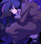  1girl @_@ bent_over black_eyes black_footwear black_hair dress eyes_visible_through_hair hairband hex_maniac_(pokemon) highres long_hair long_sleeves looking_at_viewer mary_janes omochi_(omotimotittona3) open_mouth pokemon pokemon_xy purple_dress purple_hairband shoes smile solo squatting tiptoes 