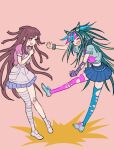 2girls :d absurdres apron bandaged_leg bandages bandaid bandaid_on_knee bandaid_on_leg black_hair blue_hair blush brown_hair clenched_hands closed_eyes danganronpa_(series) danganronpa_2:_goodbye_despair ear_piercing hair_horns hands_up happy highres jewelry long_hair miniskirt mioda_ibuki multicolored_hair multiple_girls open_mouth own_hands_together piercing pink_background pink_hair pink_shirt pleated_skirt puffy_short_sleeves puffy_sleeves school_uniform scrunchie serafuku shirt shoes short_sleeves skirt smile thigh-highs torn_clothes torn_thighhighs tsumiki_mikan white_apron white_hair wrist_scrunchie youko-shima 