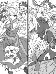  2girls alice_margatroid bow capelet closed_mouth commentary doll dress gap_(touhou) greyscale grimoire_of_alice hair_bow hairband hat hat_ribbon highres holding holding_polearm holding_weapon jewelry lance long_hair long_sleeves mero_(starfish_jcs) mob_cap monochrome multiple_girls polearm puppet_rings ribbon ring shanghai_doll smile tabard touhou very_long_hair weapon yakumo_yukari 