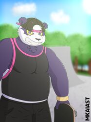  alp_(tokyo_afterschool_summoners) blurry_background bracelet cap clouds leaning_on_object mkaiast shorts skateboard sunlight tank_top tokyo_afterschool_summoners trees 