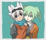  bad_source confused embarrassed evanvanvavan fei_rune green_eyes green_hair hands_on_another&#039;s_arms inazuma_eleven_(series) inazuma_eleven_go inazuma_eleven_go_chrono_stone looking_at_another saryuu_evan seductive_smile smile 