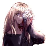  1girl black_shirt blood blood_on_face blood_on_neck crying crying_with_eyes_open flower flower_over_eye girls_band_cry grey_eyes hibioes highres kawaragi_momoka light_brown_hair long_sleeves looking_at_viewer multicolored_hair roots_(hair) shirt simple_background solo tears upper_body white_background white_flower 