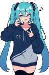  1girl :d aqua_eyes aqua_hair aqua_nails black_thighhighs blush bright_pupils collarbone commentary_request cowboy_shot double-parted_bangs double_v hatsune_miku highres hood hoodie jitome kumada_gaon long_hair long_sleeves looking_at_viewer musical_note no_pants open_mouth simple_background smile solo spoken_musical_note straight-on thigh-highs twintails v very_long_hair vocaloid white_background white_pupils zettai_ryouiki 