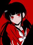  1girl black_background black_hair black_sailor_collar bow bowtie collarbone danganronpa_(series) danganronpa_v3:_killing_harmony earrings frown hair_ornament hairclip harukawa_maki highres jewelry long_hair looking_at_viewer mole mole_under_eye red_background red_eyes red_scrunchie red_shirt sailor_collar satori_(aosky9077) scrunchie shirt solo twintails upper_body white_bow white_bowtie 