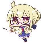  1girl :o ahoge artoria_pendragon_(fate) black_socks blonde_hair blue_sailor_collar blue_serafuku blue_shirt blue_skirt blush braid braided_bun brown_eyes brown_footwear cardigan chibi clenched_hands commentary_request fate/grand_order fate_(series) full_body hair_between_eyes hair_bun kasuga_yuuki kneehighs long_sleeves lowres mysterious_heroine_x_alter_(fate) open_cardigan open_clothes open_mouth pleated_skirt puffy_long_sleeves puffy_sleeves punching sailor_collar school_uniform serafuku shirt shoes simple_background skirt socks solo standing standing_on_one_leg white_background yellow_cardigan 