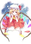  1girl absurdres ascot blonde_hair bobby_socks closed_mouth collared_shirt crystal flandre_scarlet frilled_shirt_collar frilled_skirt frills frown full_body glowing glowing_wings hair_between_eyes hands_on_own_cheeks hands_on_own_face hat hat_ribbon highres long_hair mary_janes mob_cap multicolored_wings one_side_up puffy_short_sleeves puffy_sleeves red_eyes red_footwear red_ribbon red_skirt red_vest ribbon ribbon-trimmed_headwear ribbon_trim rnkgmn shirt shoes short_sleeves simple_background skirt socks solo star_(symbol) touhou vest white_hat white_shirt white_socks wings yellow_ascot 