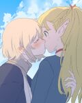  2girls blonde_hair blue_dress blue_robe blue_sky blush choker clouds commentary day dress dungeon_meshi english_commentary falin_touden falin_touden_(tallman) from_side hand_in_another&#039;s_hair kiss light_brown_hair lisedraw long_hair marcille_donato multiple_girls outdoors profile red_choker robe short_hair sky upper_body yuri 