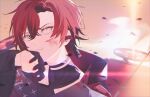  1boy bishounen black_choker black_gloves choker closed_mouth earpiece gloves hand_up highres holostars holostars_english machina_x_flayon male_focus outdoors redhead short_hair solo upper_body wiping_mouth xmayo0x 