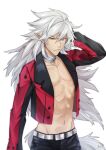  1boy belt disgaea fenrich_(disgaea) grey_hair hair_between_eyes hand_on_own_head issa_(sorako45) jacket long_hair long_sleeves makai_senki_disgaea_4 male_focus navel pointy_ears solo tail white_background wolf_tail yellow_eyes 