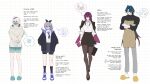  1boy 3girls absurdres apron bandaged_arm bandages black_coat black_jacket blade_(honkai:_star_rail) coat collared_shirt drill_hair drill_ponytail english_text eyewear_on_head firefly_(honkai:_star_rail) grey_hair hair_between_eyes hair_over_one_eye hand_in_pocket highres honkai:_star_rail honkai_(series) jacket kafka_(honkai:_star_rail) long_hair long_sleeves mask mouth_mask multiple_girls necktie off-shoulder_sweater off_shoulder office_lady purple_hair red_eyes sgrimp shirt shoes shorts silver_wolf_(honkai:_star_rail) skirt slippers sweater thigh-highs two-tone_eyes violet_eyes white_shirt 