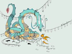  1boy bound commentary_request dragon dragon_boy dragon_horns dragon_tail dragon_wings eastern_dragon full_body green_background horns hotathino male_focus orange_hair original short_hair simple_background solo standing string_of_flags tail tied_up_(nonsexual) untying wings 