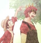  2boys ^_^ aco_peda animal_on_head bird bird_on_head black_hair black_overalls closed_eyes commentary_request eustass_kid goggles goggles_on_head hat male_focus monkey_d._luffy multiple_boys on_head one_piece open_clothes open_shirt overalls profile red_shirt redhead scar scar_on_chest shirt short_hair signature smile straw_hat t-shirt upper_body 