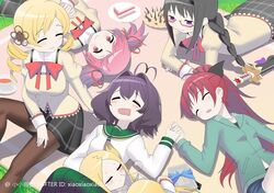  6+girls ahoge akemi_homura artist_name black_hair blonde_hair braid cake cake_slice closed_eyes crossover cup drill_hair drooling food hair_ribbon heart heart_ahoge highres hiiragi_utena jacket kaname_madoka light_blush lisa159878 long_hair looking_at_another mahou_shoujo_madoka_magica mahou_shoujo_madoka_magica_(anime) mahou_shoujo_ni_akogarete medium_hair mitakihara_school_uniform morino_korisu multiple_girls nose_bubble on_ground open_mouth pantyhose pink_eyes pink_hair ponytail redhead ribbon sakura_kyoko school_uniform skirt sleeping smile sword tea teacup third-party_source tomoe_mami track_jacket twintails violet_eyes weapon 