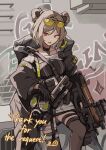  1girl ammunition_pouch black_choker black_gloves black_jacket black_thighhighs brown_hair bullpup choker cowboy_shot double_bun english_text eyewear_on_head gas_mask girls_frontline gloves graffiti gun hair_between_eyes hair_bun holding holding_gun holding_weapon hood hooded_jacket jacket looking_at_viewer mask mikuni144 open_clothes open_jacket open_mouth p90 p90_(girls&#039;_frontline) partially_fingerless_gloves pouch red_eyes scope short_hair smile solo submachine_gun sunglasses thank_you thigh-highs thigh_strap weapon 