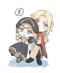  ! 1boy 1girl black_footwear black_hat black_pants black_skirt blonde_hair blue_eyes bright_pupils brown_coat brown_shirt cape character_request coat commentary_request copyright_request deformed gigantea_pp hat korean_commentary long_hair open_mouth pants parted_bangs pleated_skirt red_cape shirt short_hair skirt spoken_exclamation_mark sweat white_pupils 