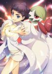  2girls artist_name blue_eyes bob_cut braid brown_hair diantha_(pokemon) dress gardevoir green_hair highres jacket jewelry looking_at_viewer mega_gardevoir mega_pokemon mega_stone multiple_girls necklace pink_eyes pokemon pokemon_(creature) pokemon_xy shirt shorts white_dress white_jacket white_shirt white_shorts yomogi_(black-elf) 