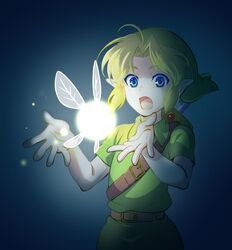  1boy belt blonde_hair blue_eyes brown_belt child commentary_request cowboy_shot dark fairy green_hat green_tunic hat kokiri_sword link navi open_mouth outstretched_arms pointy_ears short_sleeves shoulder_belt sidelocks solo surprised sword sword_on_back the_legend_of_zelda the_legend_of_zelda:_majora&#039;s_mask the_legend_of_zelda:_ocarina_of_time tomo.puri weapon weapon_on_back young_link 