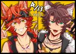  2boys absurdres animal_ears black_gloves black_headband braid brown_hair chain_earrings chain_necklace commentary_request dated ein_(mahjong_soul) fingerless_gloves fox_boy fox_ears fox_shadow_puppet fur_collar gloves green_eyes grin hair_between_eyes happy_birthday headband highres jewelry koruri456 long_bangs looking_at_viewer mahjong_soul male_focus medium_bangs multiple_boys necklace open_mouth orange_hair red_vest short_hair simple_background smile tooth_necklace twin_braids v-shaped_eyebrows vest wolf_boy wolf_ears yellow_background yellow_eyes zechs_(mahjong_soul) 