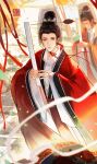  1boy black_hair blurry chinese_clothes chinese_empire duijin_ruqun duyou_yu_shan_shu futou hand_fan hanfu hat highres holding huban layered_clothes long_sleeves looking_at_viewer male_focus motion_blur northern_wei original red_ribbon ribbon robe solo_focus standing wide_sleeves 