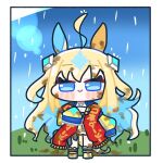  1girl :&gt; ahoge animal_ears blue_eyes blush chibi commentary_request hair_ornament horse_ears horse_girl horse_tail long_hair long_sleeves looking_at_viewer mud neo_universe_(umamusume) rain solo standing syurikenmaru tail umamusume 