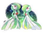  artist_name bob_cut colored_skin dated dress gardevoir gardevoir_day green_hair hair_over_one_eye looking_at_viewer multicolored_skin parted_lips pokemon pokemon_(creature) smile starry_background two-tone_skin white_dress white_skin zakro 