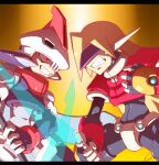  2boys aqua_hair armor black_bodysuit blonde_hair bodysuit bodysuit_under_clothes clenched_teeth crop_top cropped_jacket crotch_plate dilated_pupils energy_blade energy_sword fighting girouette_(mega_man) gradient_background grin highres holding holding_blade holding_scythe holding_sword holding_weapon long_hair male_focus mega_man_(series) mega_man_zx model_w_(mega_man) model_z_(mega_man) multiple_boys power_armor prometheus_(mega_man) purple_armor purple_helmet red_armor red_eyes robot_ears scythe skull_on_head smile smirk sunglasses sword teeth tomycase upper_body weapon white_helmet 