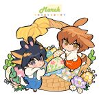  2boys alternate_costume animal_ears arms_up basket black_hair blue_eyes blue_overalls blush_stickers bow brown_hair chibi chinese_commentary commentary_request daisy easter easter_egg egg flower fudou_yuusei full_body gingham hair_between_eyes hood hood_down hoodie in-franchise_crossover jiayu_long kemonomimi_mode leaf looking_back male_focus multicolored_hair multiple_boys overalls pink_flower purple_flower rabbit_boy rabbit_ears rabbit_tail red_overalls short_hair sidelocks spiky_hair spring_(season) standing streaked_hair tail white_background white_flower wicker_basket yellow_bow yellow_flower yu-gi-oh! yu-gi-oh!_5d&#039;s yu-gi-oh!_gx yuuki_juudai 