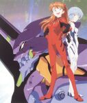  2girls ayanami_rei blue_hair bodysuit eva_01 highres horns mecha multiple_girls multiple_tails neon_genesis_evangelion non-web_source open_mouth orange_hair robot sadamoto_yoshiyuki single_horn souryuu_asuka_langley tail 