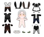  1boy alternate_costume animal_ears apron black_jacket black_leotard chibi completely_nude full_body geralt_of_rivia highres jacket jewelry laurel_crown leather leather_jacket leotard long_hair maid_apron male_focus male_underwear mature_male necklace nude paper_doll pickleforstony playboy_bunny rabbit_ears scar simple_background solo t-pose the_witcher_(series) too_many too_many_scars tunic underwear white_background white_hair white_male_underwear witcher_medallion wrist_cuffs yellow_eyes 