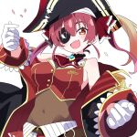  1girl fang gloves hat highres hololive houshou_marine hutaba_haru navel pirate pirate_hat redhead simple_background skin_fang sleeveless solo 