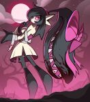  1girl bandages black_hair blood bow clouds diviously extra_mouth full_body full_moon fusion gardevoir hair_bow highres looking_at_viewer mawile moon night night_sky pink_bow pokemon pokemon_(creature) red_eyes ribbon sky solo teeth tree 