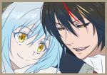  1boy 1other black_hair blue_hair diablo_(tensei_shitara_slime_datta_ken) high_collar open_mouth rimuru_tempest sharp_teeth short_hair smile teeth tensei_shitara_slime_datta_ken v-shaped_eyebrows yellow_eyes yuzunoyu 