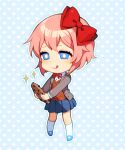  1girl :q blazer blue_background blue_eyes blue_footwear blue_skirt bow bright_pupils brown_sweater buttons chibi chocolate_chip_cookie closed_mouth collared_jacket collared_shirt commentary cookie doki_doki_literature_club english_commentary eyelashes food full_body grey_jacket hair_bow heart heart_background holding holding_cookie holding_food jacket kneehighs lapels layered_sleeves light_blush long_sleeves looking_at_food mary_janes miniskirt neck_ribbon notched_lapels official_art open_clothes open_jacket outline pink_hair pleated_skirt red_bow red_ribbon ribbon satchely sayori_(doki_doki_literature_club) school_uniform shirt shoes short_hair simple_background skirt smile socks solo sparkle sweater sweater_vest tongue tongue_out white_outline white_pupils white_shirt white_socks 
