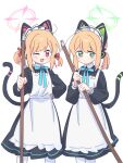  2girls animal_ear_headphones animal_ears apron blonde_hair blue_archive blush cat_ear_headphones cat_tail cowlick fake_animal_ears fake_tail feet_out_of_frame green_eyes halo hand_on_own_hip headphones highres holding holding_mop long_sleeves looking_at_viewer maid_apron maid_headdress midori_(blue_archive) midori_(maid)_(blue_archive) momoi_(blue_archive) momoi_(maid)_(blue_archive) mop multiple_girls official_alternate_costume one_eye_closed pantyhose pink_eyes seal_007 short_ponytail short_twintails siblings simple_background sisters tail twins twintails white_background white_pantyhose 