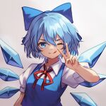  1girl ;q blue_bow blue_eyes blue_hair blue_vest bow chunjiu cirno collared_shirt cropped_vest gradient_background grey_background hair_between_eyes hair_bow hand_up highres ice ice_wings looking_at_viewer neck_ribbon one_eye_closed puffy_short_sleeves puffy_sleeves red_ribbon ribbon shirt short_hair short_sleeves simple_background tongue tongue_out touhou v v-shaped_eyebrows vest white_shirt wings 