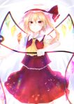  1girl ascot backlighting blonde_hair closed_mouth collared_shirt commentary_request cowboy_shot crystal flandre_scarlet hair_between_eyes hat highres holding holding_polearm holding_weapon laevatein_(touhou) light_smile medium_hair multicolored_wings one_side_up polearm puffy_short_sleeves puffy_sleeves red_eyes red_skirt red_vest shirt short_sleeves simple_background skirt skirt_set solo touhou v-shaped_eyebrows vest violet_(mesy4285) weapon white_background white_hat white_shirt wings yellow_ascot 