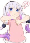  1girl :| beads black_bow black_hairband blue_eyes blush bow child closed_mouth commentary_request cowboy_shot dress glaze_artifacts hair_beads hair_bow hair_ornament hairband highres kanna_kamui kobayashi-san_chi_no_maidragon long_hair looking_at_viewer pink_dress purple_hair short_sleeves solo speech_bubble standing tabayan_jigokuhen white_background white_hair 