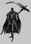  1other absurdres ambiguous_gender armor black_armor breastplate cape full_armor gauntlets glowing glowing_eyes greaves grey_background highres holding holding_scythe holding_weapon original pauldrons red_armor sabaton scythe shoulder_armor sollies torn_cape torn_clothes two-handed weapon 