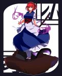  1girl black_footwear blue_dress commentary_request dress full_body hair_bobbles hair_ornament highres holding holding_scythe looking_at_viewer onozuka_komachi red_eyes redhead sash scythe short_hair solo totosu touhou two_side_up 