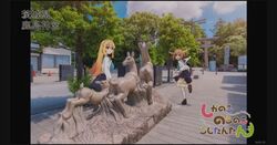  antlers koshi_torako long_hair multiple_girls real_life_insert real_world_location screencap screenshot shikanoko_noko shikanoko_nokonoko_koshitantan short_hair statue 