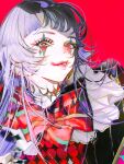  1girl bow bowtie commentary ear_piercing earrings english_commentary facial_mark grey_hair heterochromia highres jewelry john_kafka long_hair looking_at_viewer original parted_lips piercing red_background red_bow red_bowtie red_eyes shade simple_background solo upper_body 
