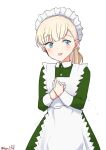 1girl absurdres apron blonde_hair blue_eyes blunt_bangs dress frilled_apron frills green_dress hands_on_own_chest highres kantai_collection long_hair looking_at_viewer maid maid_headdress official_alternate_costume one-hour_drawing_challenge robinson_(day_l_full) shin&#039;you_(maid)_(kancolle) side_ponytail simple_background solo twitter_username white_apron white_background 