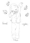  1girl arm_up barefoot blush buttons child closed_eyes english_text feet forehead full_body hand_to_own_mouth highres long_hair mixed-language_text monochrome open_mouth original pajamas parted_bangs ryo_chimo short_eyebrows simple_background sleepy solo stretching yawning 