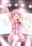 1girl :d absurdres alternative_girls armpits blurry blurry_background blush bow collarbone cowboy_shot crossed_bangs dress dress_bow gloves green_eyes hairband highres holding holding_microphone light_particles mano_sakurako microphone open_mouth pink_dress pink_gloves pink_hair pink_hairband screen_zoom short_dress sleeveless sleeveless_dress smile solo stage_lights sweat teeth thigh-highs upper_teeth_only white_thighhighs yutuki_ame 