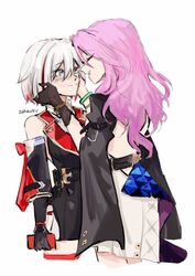  2girls bare_shoulders black_coat black_dress black_gloves blush bracelet closed_eyes closed_mouth coat commentary cowboy_shot dress gloves hand_on_another&#039;s_face highres honkai:_star_rail honkai_(series) jade_(honkai:_star_rail) jewelry lipstick_mark lipstick_mark_on_face long_hair multicolored_hair multiple_girls open_mouth purple_hair redhead short_hair simple_background skirt smile streaked_hair topaz_(honkai:_star_rail) two-tone_eyes violet_eyes white_background white_hair white_skirt yuri zahauku 