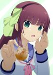  1girl angel_beats! black_hairband blue_sailor_collar blunt_bangs blush bow commentary dango eyes_visible_through_hair food foreshortening green_bow green_eyes hair_bow hairband hands_up highres holding holding_food incoming_food lelie_(lelie_link) long_sleeves looking_at_viewer medium_hair nakamura_yuri neckerchief open_mouth pink_neckerchief purple_hair sailor_collar shinda_sekai_sensen_uniform shirt sidelocks simple_background solo steam straight_hair upper_body wagashi white_background white_shirt 