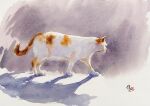  all_fours animal animal_focus cat looking_to_the_side nara_watercolor no_humans original painting_(medium) realistic shadow sunlight traditional_media watercolor_(medium) white_background 