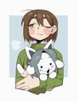  1other absurdres brown_eyes brown_hair chara_(undertale) closed_mouth green_sweater highres kageimo long_sleeves one_eye_closed short_hair sweater temmie undertale 