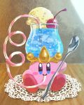  cherry drink drinking_straw food food_focus food_on_head fruit highres holding holding_spoon ice_cream ice_cream_float kirby kirby_(series) miclot no_humans object_on_head sitting spoon table 