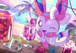  apple beach bright_pupils fangs food fruit glint highres ocean one_eye_closed palm_tree parfait pineapple pink_fur pink_ribbon pixel_art pokemon pokemon_(creature) ribbon sand sky strawberry_parfait sylveon tree uki_(ukierr) violet_eyes white_pupils 